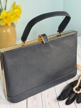 Vintage 1960s Dark Navy Leather Frame Handbag | Structured Top Handle | Mad Men